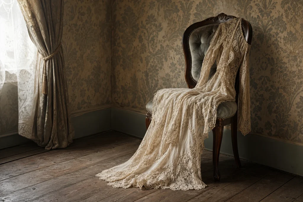 Robe en dentelle et papier peint damassé : l’alliance parfaite pour une décoration néo-victorienne pleine de charme